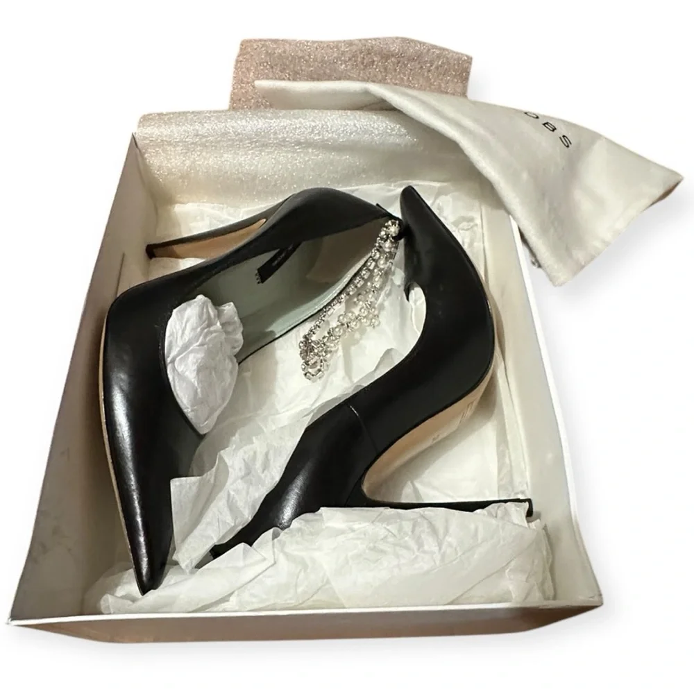 NWT Marc Jacobs Black Pointed-Toe Slingback Heels W/Crystal Embellished Strap, 8